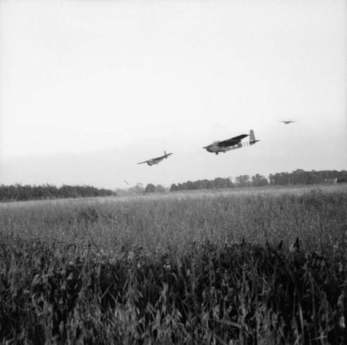 D-day - British Forces during the Invasion of Normandy 6 June 1944 Hamilcar gliders of 6th Airlanding Brigade arrive on DZ 'N' near Ranville, bringing with them the Tetrarch tanks of 6th Airborne Division's armoured reconnaissance regiment, evening of 6 J
